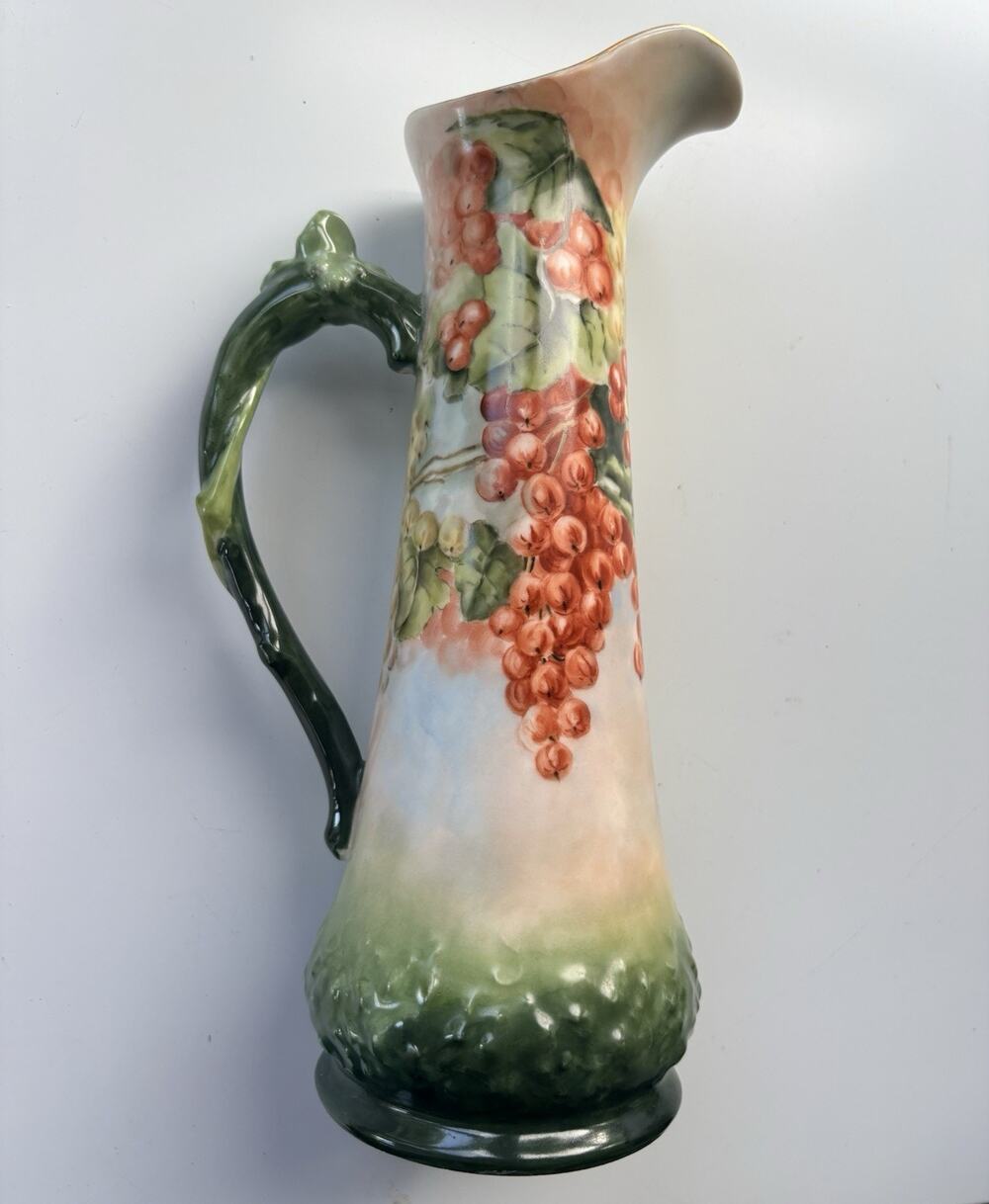 T&V LIMOGES Hand Painted Grapes Gilt Pitcher 15.5" Tall Grape Vine Leaves Ewer